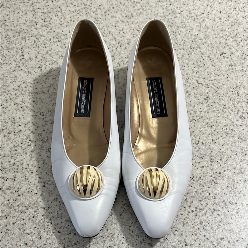 Stuart Weitzman White Leather Flats with Gold Accent